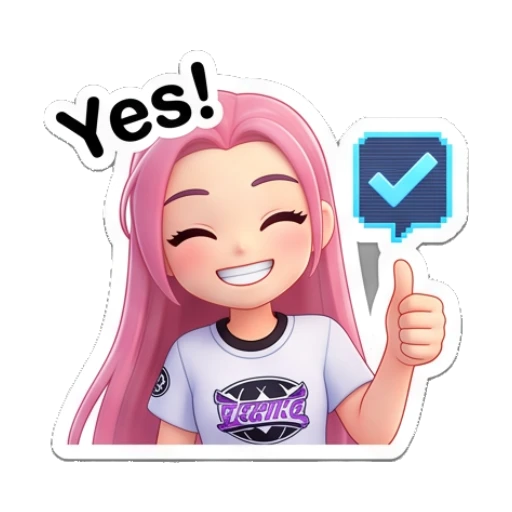 Pink-haired girl giving a thumbs up with checkmark and text Yes! Pinky Pop Adventures sticker for expressive chats and social replies.