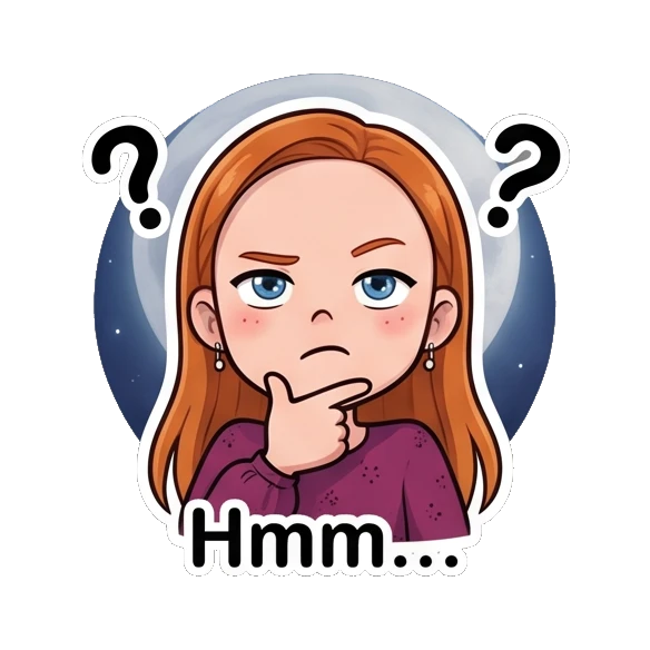 Ginger girl looking thoughtful with a hand on chin and question marks Ginger Girl Daily Life sticker for expressive chats and social replies.