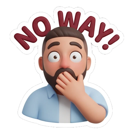 Shocked bearded man covering mouth with hand, NO WAY Bearded Buddy Daily Vibes sticker for expressive chats and social replies.