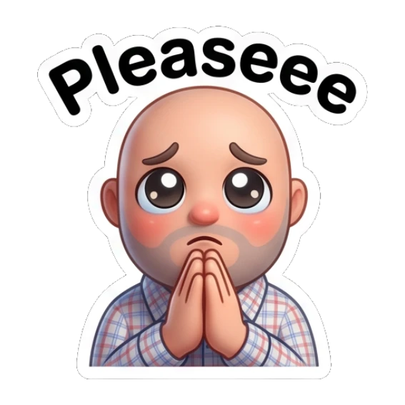 Bald man looking sad and pleading with hands together. Bald Guy Daily Vibes sticker for expressive chats and social replies.