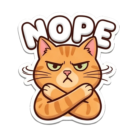 Stubborn orange cat with arms crossed, text NOPE Puffy Orange Cat Moods sticker for expressive chats and social replies.