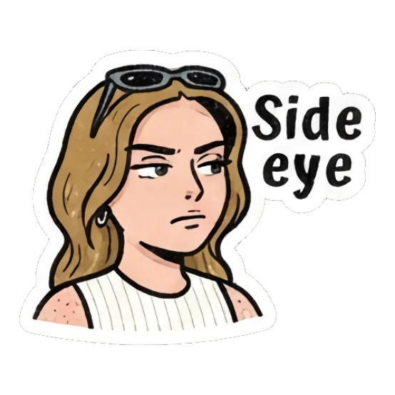 Girl giving a skeptical side-eye glance, text 'Side eye' Retro Comic Girl Expressions sticker for expressive chats and social replies.