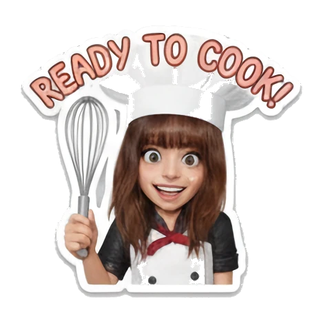 Girl chef holding whisk, excited, READY TO COOK Little Chef Adventures sticker for expressive chats and social replies.