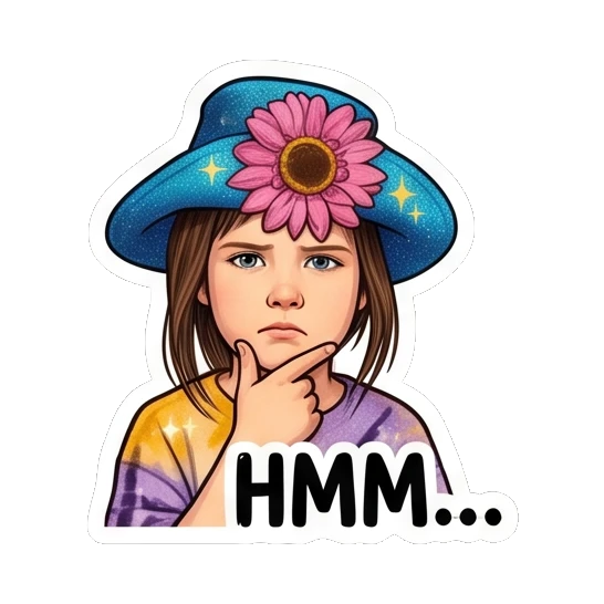 Girl resting chin on hand in deep thought with text HMM Sunflower Girl Daily Vibes sticker for expressive chats and social replies.