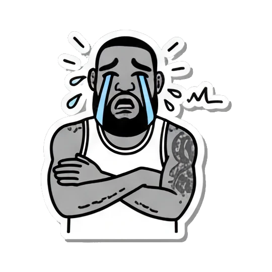 Basketball player crying with heavy tears, text Crying. King James Pop Art Vibes sticker for expressive chats and social replies.