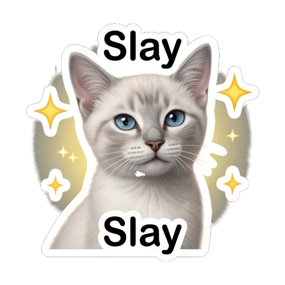 Confident white cat with sparkles and text Slay Little White Cat Daily sticker for expressive chats and social replies.