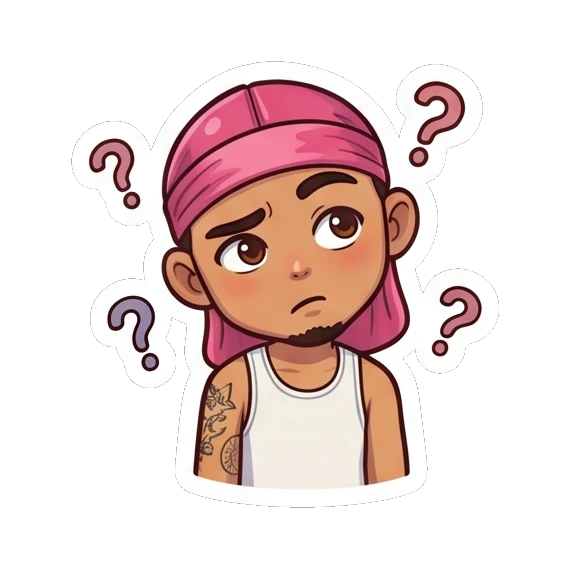 Guy looking confused with question marks floating around Cool Durag Guy sticker for expressive chats and social replies.