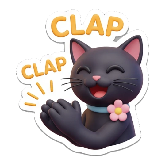 Happy black cat clapping, text Clap. Playful Black Cat Daily sticker for expressive chats and social replies.