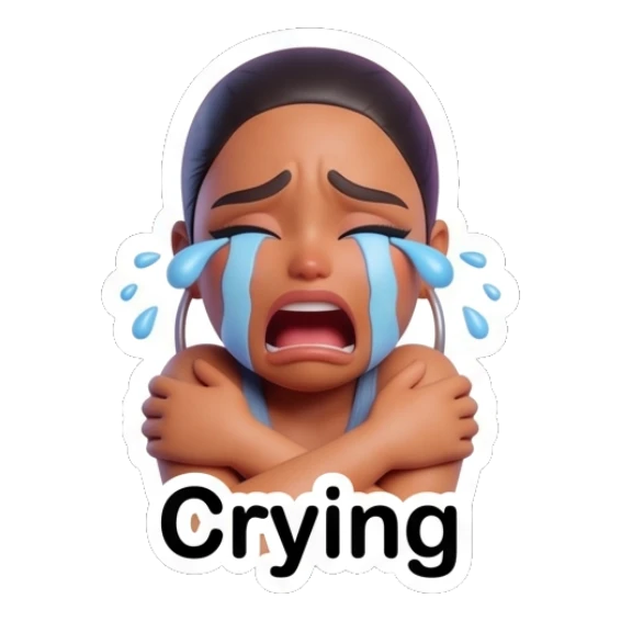 Sad girl crying with blue tears, text says Crying. Modern Chic Girl Expressions sticker for expressive chats and social replies.