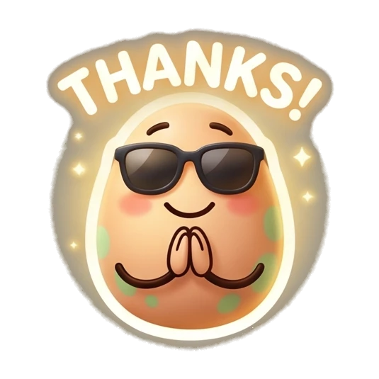 Spotted egg with sunglasses praying with glowing aura, text THANKS! Cool Spotted Egg Expressions sticker for expressive chats and social replies.