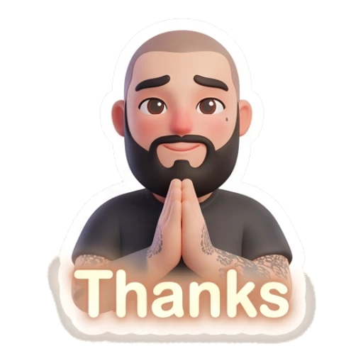 Bearded man with hands in prayer position, text Thanks Bearded Guy Daily Moods sticker for expressive chats and social replies.