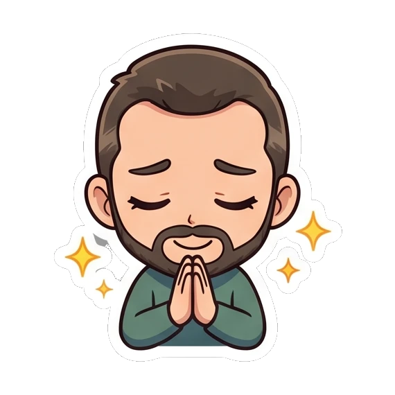 Bearded man praying with grateful expression Cheerful Bearded Guy sticker for expressive chats and social replies.