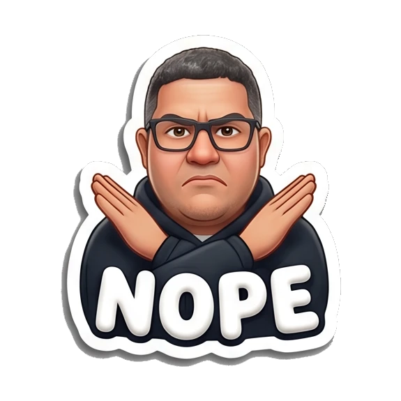 Man with glasses crossing arms in rejection with text NOPE. Tech Guy Daily Vibes sticker for expressive chats and social replies.