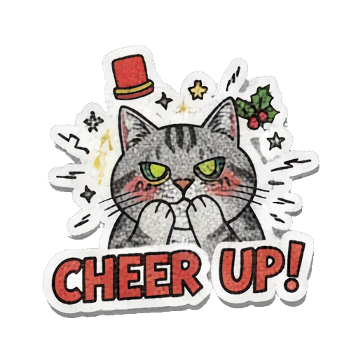 cat cheering up with red cheeks Retro Grumpy Cat Vibes sticker for expressive chats and social replies.