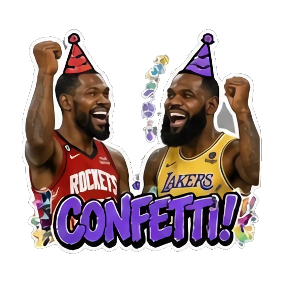 Two players wearing party hats, celebrating with confetti, text CONFETTI. Basketball Legends Duo sticker for expressive chats and social replies.