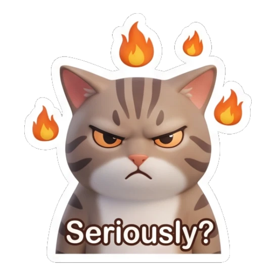 Tabby cat looking angry with fire symbols, text Seriously Tabby Cat Daily Vibes sticker for expressive chats and social replies.