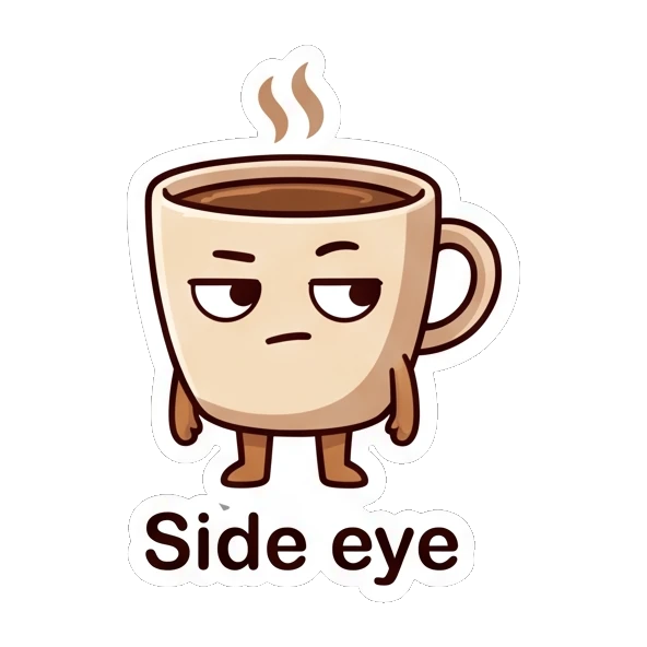 Skeptical coffee cup giving a side-eye glance. Cheerful Coffee Cup Pals sticker for expressive chats and social replies.