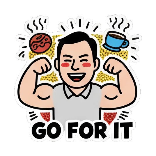 Man flexing muscles, energetic, text GO FOR IT Cheerful Office Guy sticker for expressive chats and social replies.