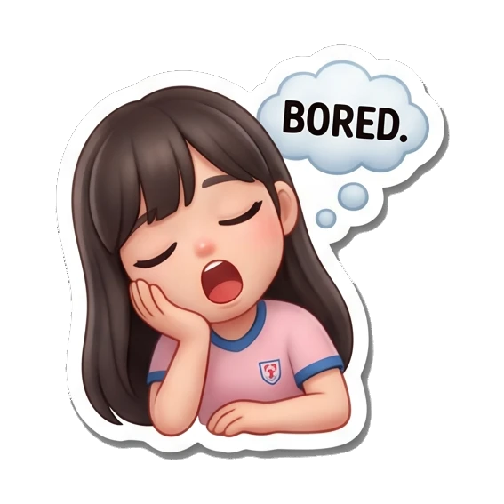 Girl resting head on hand with BORED text, tired expression Soccer Girl Daily Life sticker for expressive chats and social replies.