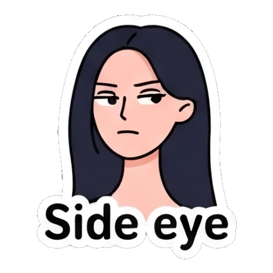 Girl looking sideways with skeptical expression, text Side eye Daily Life of a Trendy Girl sticker for expressive chats and social replies.