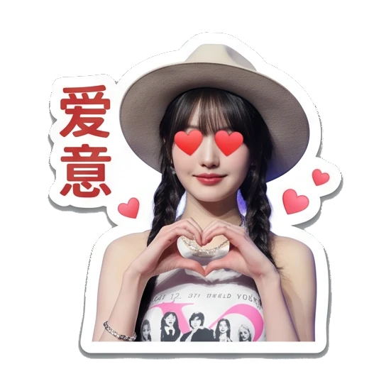 女孩双手比心，眼睛变成爱心，文字：爱意 Chic Girl Daily Vibes sticker for expressive chats and social replies.