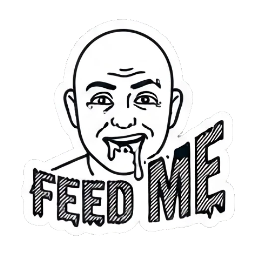 Bald man looking hungry with drool and 'FEED ME' text Bald Guy Daily Vibes sticker for expressive chats and social replies.