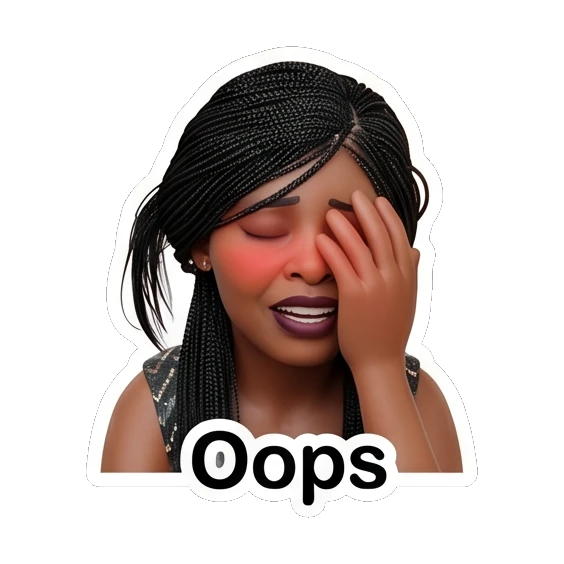 Woman covering her face with one hand, embarrassed, text Oops Chic Afro-Textured Daily Expressions sticker for expressive chats and social replies.