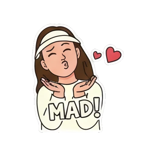 Girl blowing kisses, "MAD!" (crazy/in love) Visor Girl Expressions sticker for expressive chats and social replies.