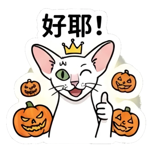 Happy Sphynx cat wearing a crown giving a thumbs up, text '好耶！' Spooky Sphynx Moods sticker for expressive chats and social replies.