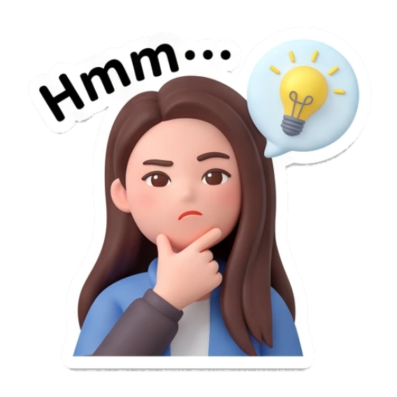 Girl thinking with lightbulb, pondering, text 'Hmm...' Modern Girl Daily Life sticker for expressive chats and social replies.