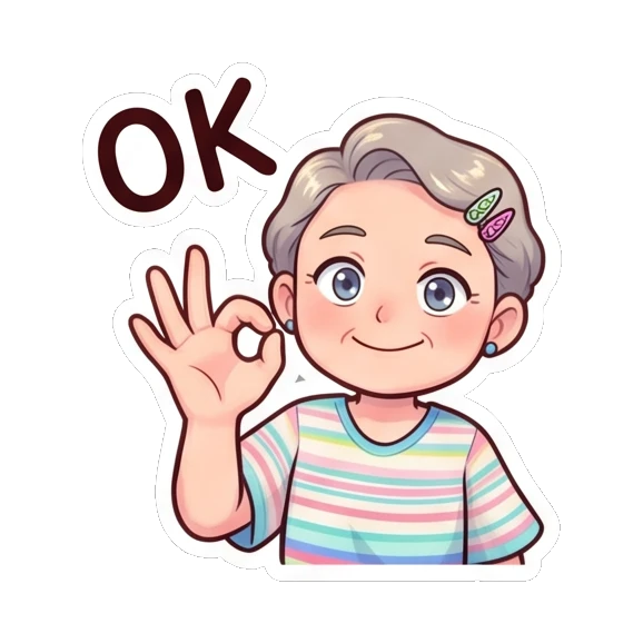 Grandma making an OK hand gesture with a satisfied expression. Cheerful Grandma Adventures sticker for expressive chats and social replies.