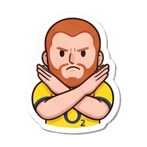 Red-bearded man crossing arms in a firm no gesture. Red-Bearded Football Fan sticker for expressive chats and social replies.