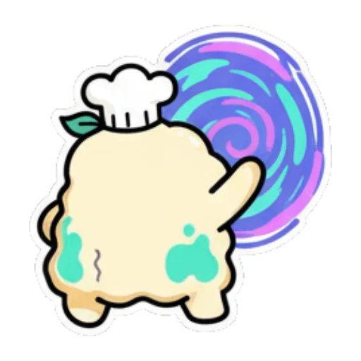 Chef pointing to a colorful swirl. Cute Chef Dumpling sticker for expressive chats and social replies.