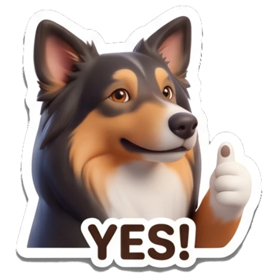 Border Collie giving a thumbs up, smiling, text YES! Cheerful Border Collie Expressions sticker for expressive chats and social replies.