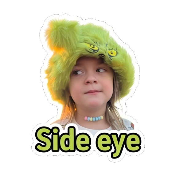 Child in green hat looking sideways with skeptical expression with text Side eye Grinchy Kid Moods sticker for expressive chats and social replies.