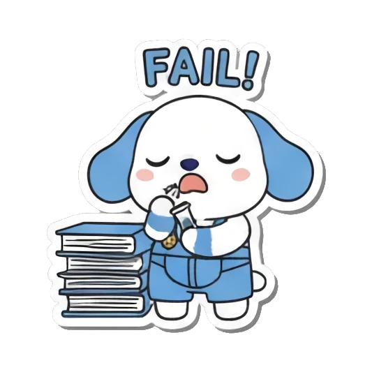 Puppy failing at books with FAIL! Little Scientist Puppy sticker for expressive chats and social replies.