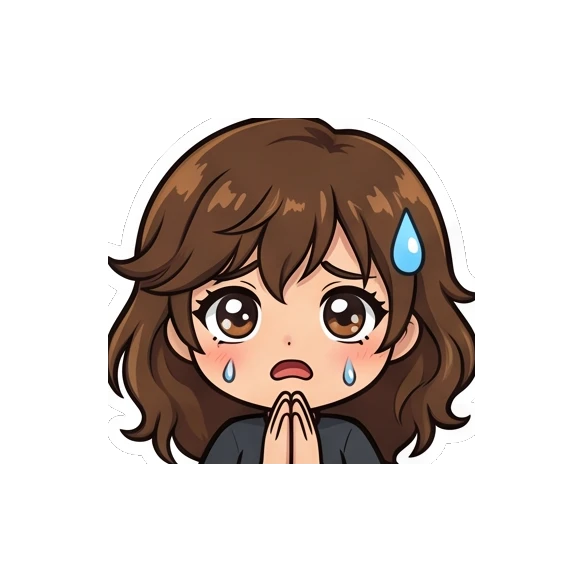 Brown-haired girl pleading with hands together and sweat drop. Brown Hair Chibi Girl Daily Life sticker for expressive chats and social replies.