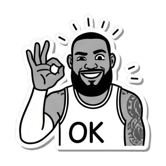Basketball player making an OK sign with hand, smiling, text OK. King James Pop Art Vibes sticker for expressive chats and social replies.