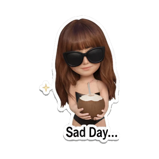 Girl wearing sunglasses holding a coconut, sad, text Sad Day Summer Vacation Girl sticker for expressive chats and social replies.