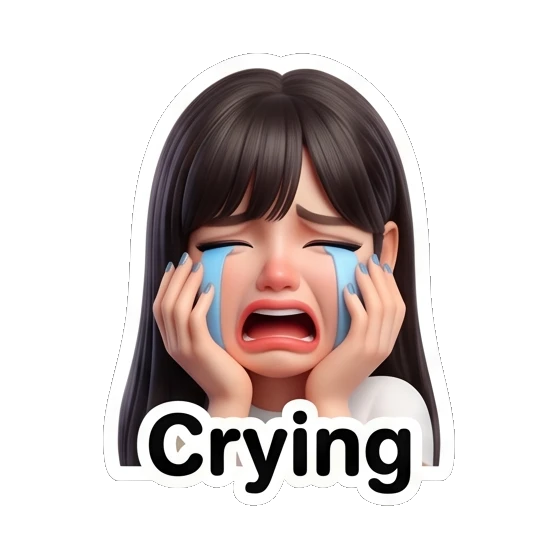 Sad girl crying with hands on face and 'Crying' text Cute 3D Girl Expressions sticker for expressive chats and social replies.