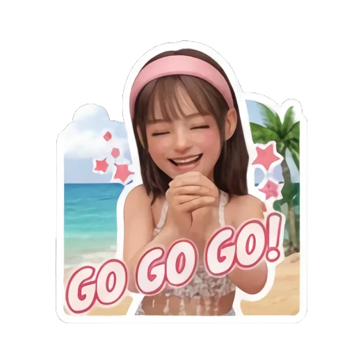 Girl cheering with hands together saying GO GO GO Summer Beach Girl Vibes sticker for expressive chats and social replies.