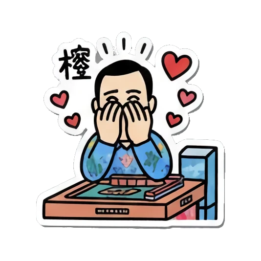 Man covers face with hands, surrounded by hearts, feeling shy. Mahjong Master Daily sticker for expressive chats and social replies.
