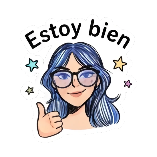 Blue-haired girl with glasses giving a thumbs up, text 'Estoy bien' Daily Doodle Girl Vibes sticker for expressive chats and social replies.