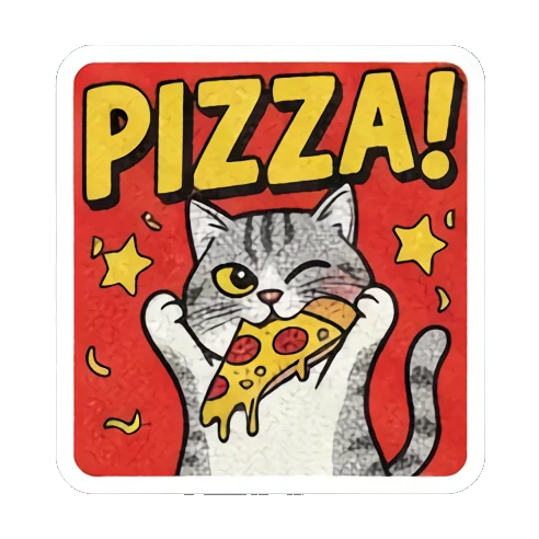 Pizza cat, eating Retro Cat Reactions sticker for expressive chats and social replies.
