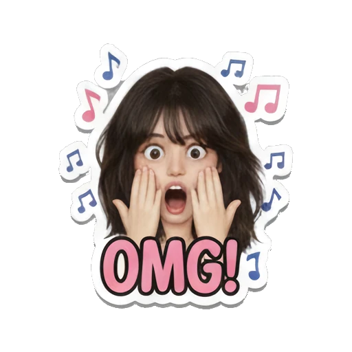 Girl with hands on cheeks, shocked expression, text 'OMG!' Music Festival Girl sticker for expressive chats and social replies.