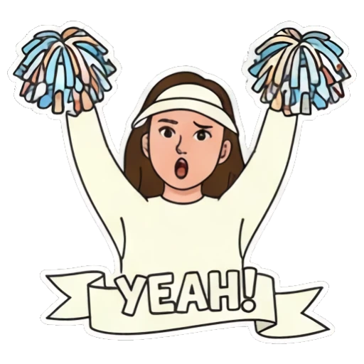Excited girl cheering with pom-poms, "YEAH!" Visor Girl Expressions sticker for expressive chats and social replies.