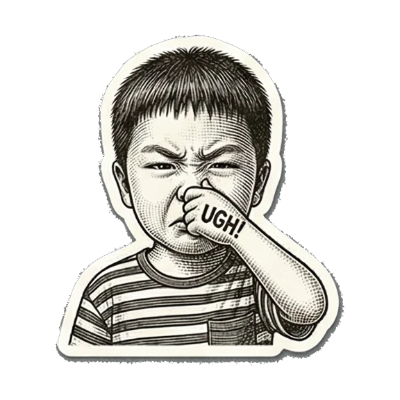Annoyed boy with UGH! text. Little Boy's Engraved Emotions sticker for expressive chats and social replies.
