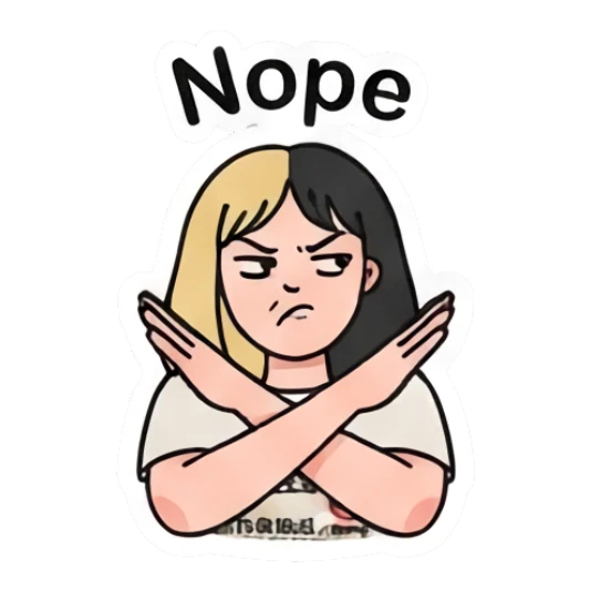 双色发女孩双手交叉拒绝，文字Nope Two-Tone Girl Daily Vibes sticker for expressive chats and social replies.
