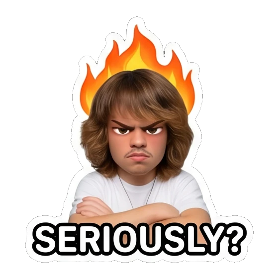 Teen boy with angry expression and fire aura, text SERIOUSLY? Teen Boy Daily Vibes sticker for expressive chats and social replies.