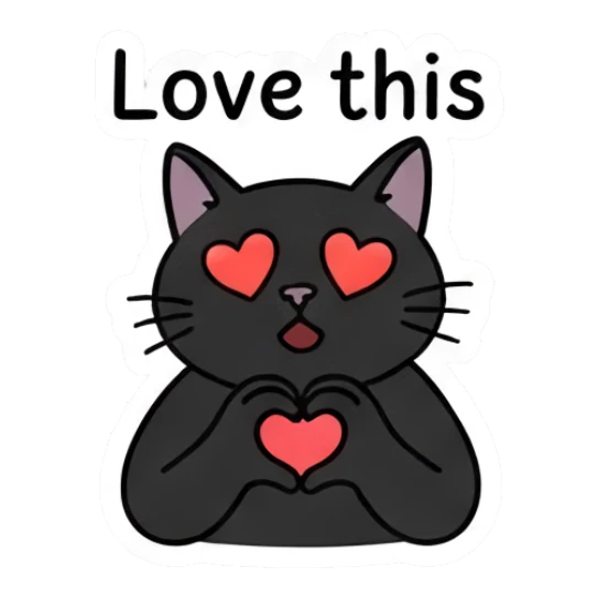 Loving black cat with heart eyes and heart hands saying Love this. Playful Black Cat Moods sticker for expressive chats and social replies.